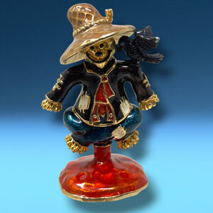 Monet Scarecrow Trinket Box Enamel Figural Hinged Box w/ Bird Fall Harvest Decor